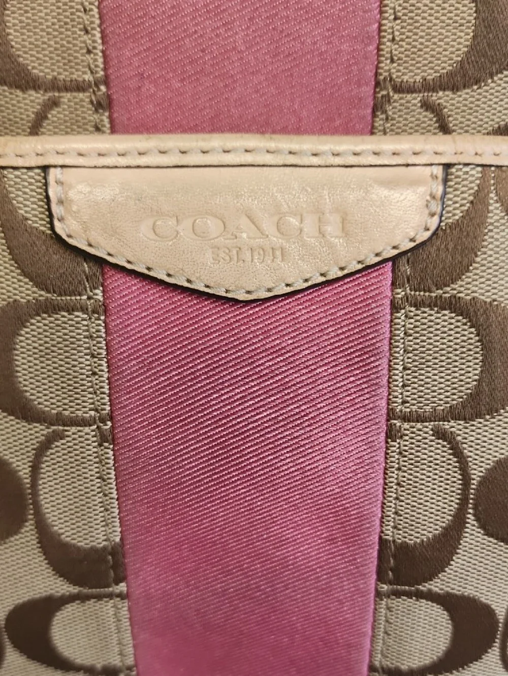 Coach Brown Signature Canvas Shoulder Bag with Pink Stripe and Matching Wallets
